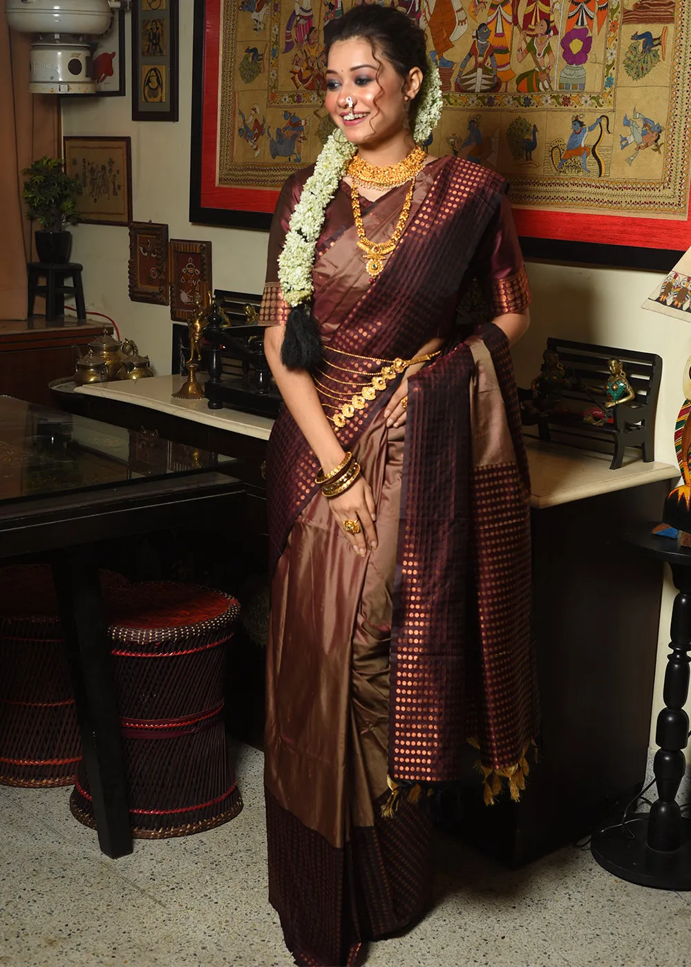 Coffee Brown Two Tone Zari Woven Banarasi Silk Saree