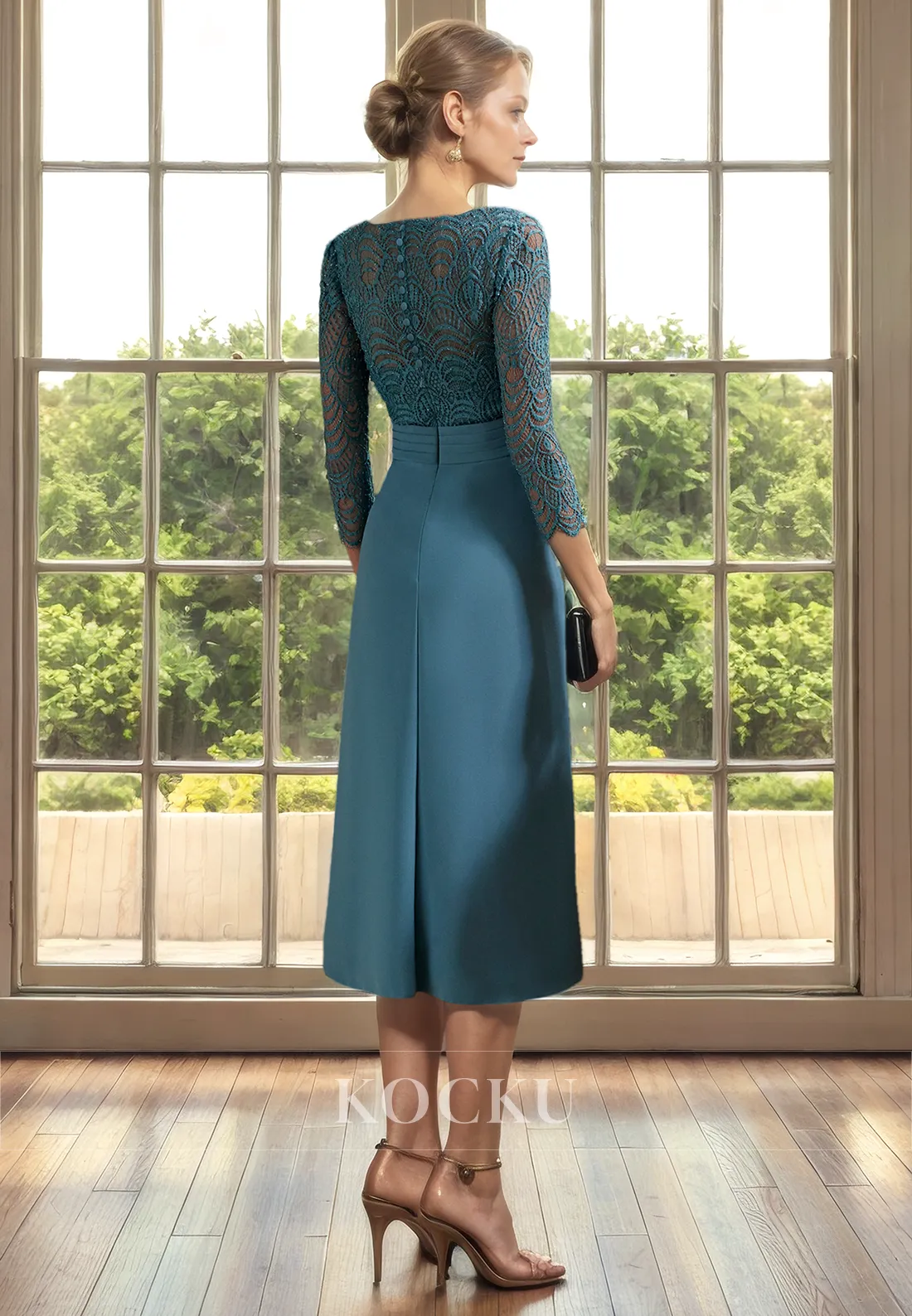 Couture & Ornate V-Neck Long sleeves Sheath Chiffon Cocktail Mother of the Bride Dress