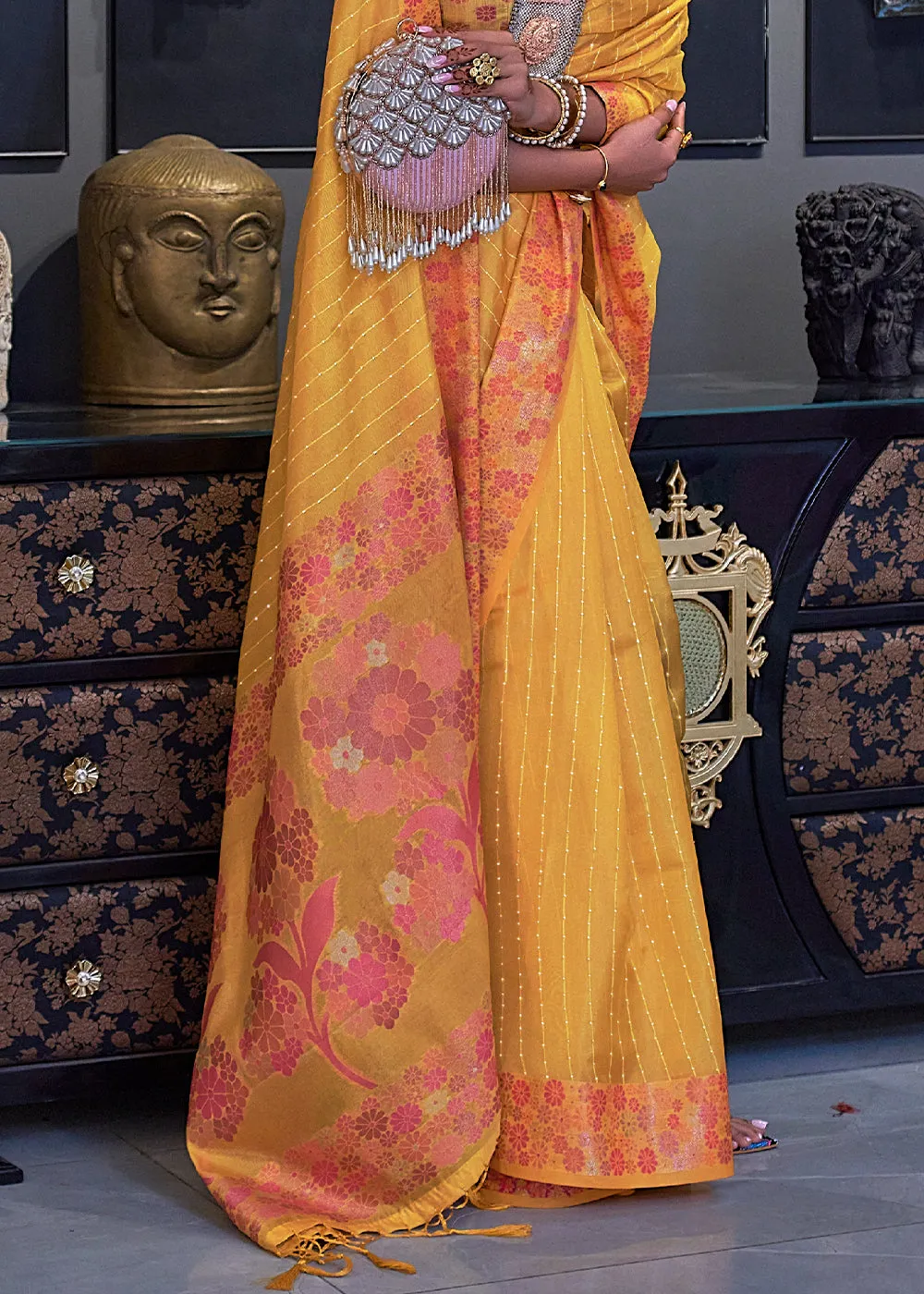 Cyber Yellow Handloom Woven Dual Tone Organza Silk Saree with Sequins Work