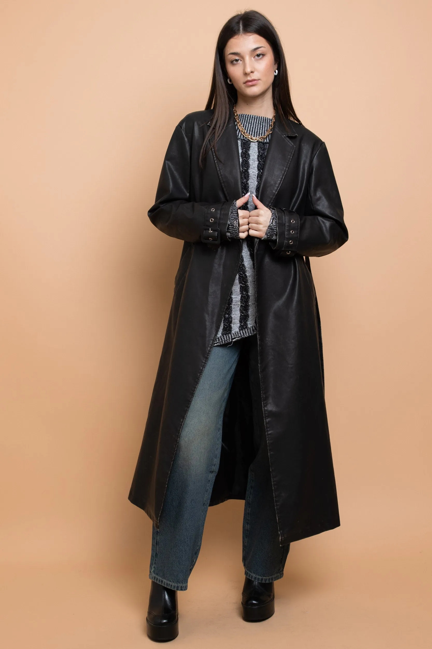 Daisy Street - Washed Black PU Trench Coat