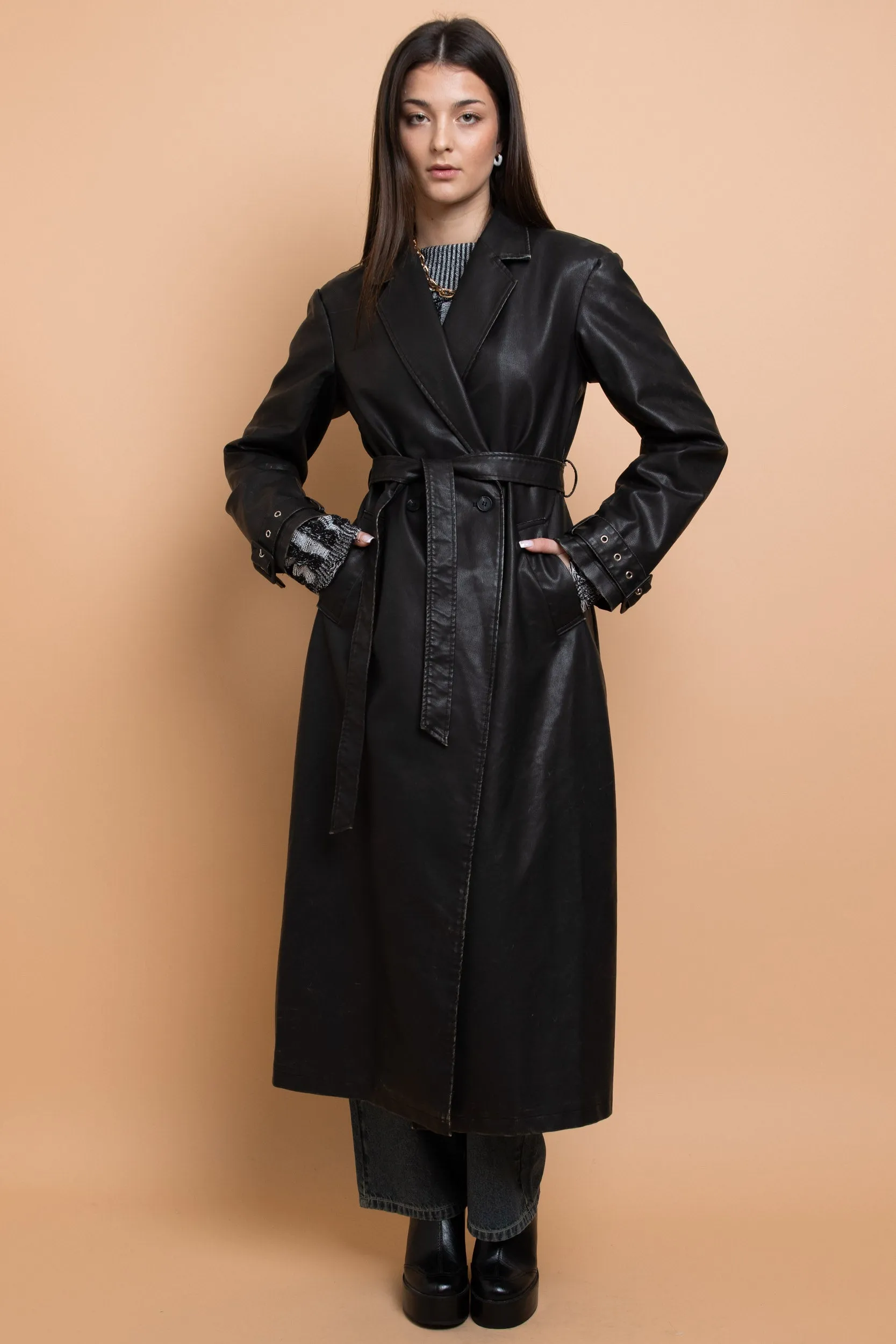 Daisy Street - Washed Black PU Trench Coat