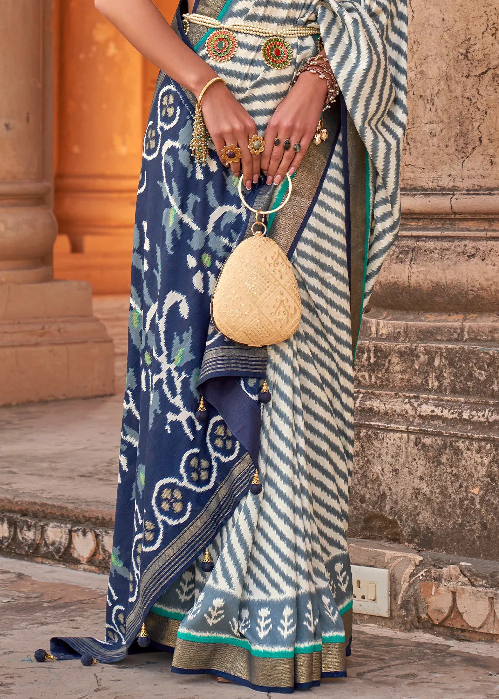 Daisy White Designer Printed Silk Saree with Contrast Blouse & Pallu