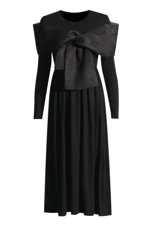 Distinctive Bow Knot Crew Neck Long Sleeve Fit & Flare Jersey Midi Dress