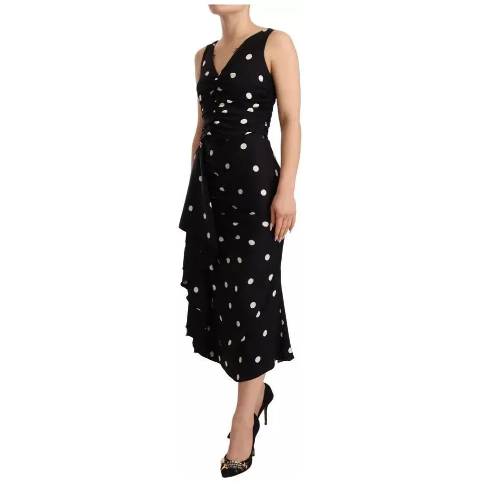 Dolce & Gabbana Black Silk Polka Dots V-neck Sheath Midi Dress