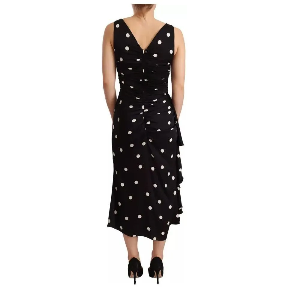 Dolce & Gabbana Black Silk Polka Dots V-neck Sheath Midi Dress