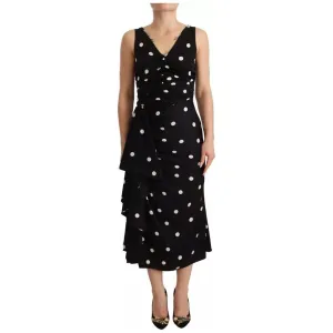 Dolce & Gabbana Black Silk Polka Dots V-neck Sheath Midi Dress