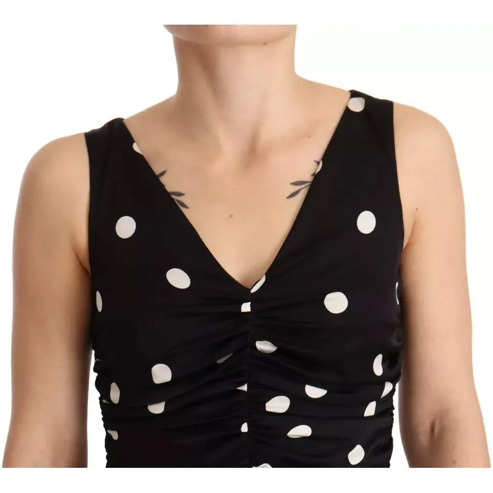 Dolce & Gabbana Black Silk Polka Dots V-neck Sheath Midi Dress