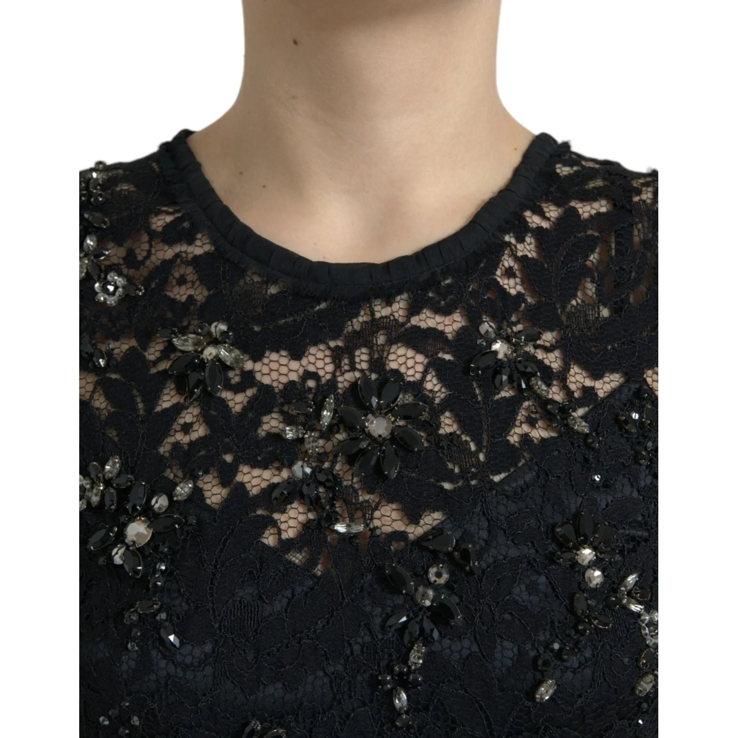 Dolce & Gabbana Exquisite Black Floral Lace Crystal Sheath Dress