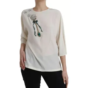 Dolce & Gabbana White Silk Crystal 3/4 Sleeves Blouse Top