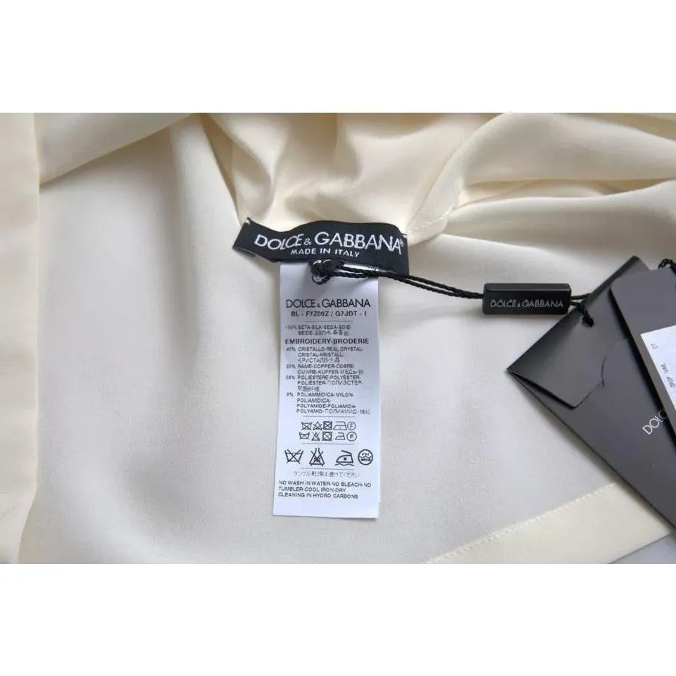 Dolce & Gabbana White Silk Crystal 3/4 Sleeves Blouse Top