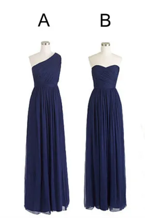 Elegant A-Line Navy Blue Chiffon Long Bridesmaid Dress