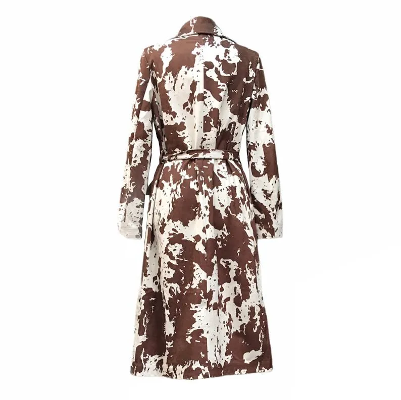 Faux Suede Brown Cow Print Trench Coat