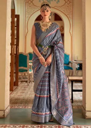 Flint Grey Designer Printed Silk Saree