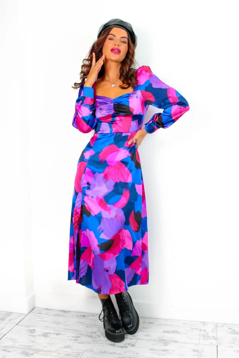 Floral Frenzy - Cobalt Magenta Abstract Midi Dress