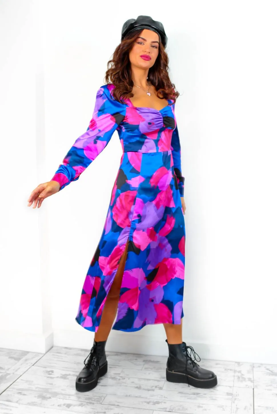 Floral Frenzy - Cobalt Magenta Abstract Midi Dress