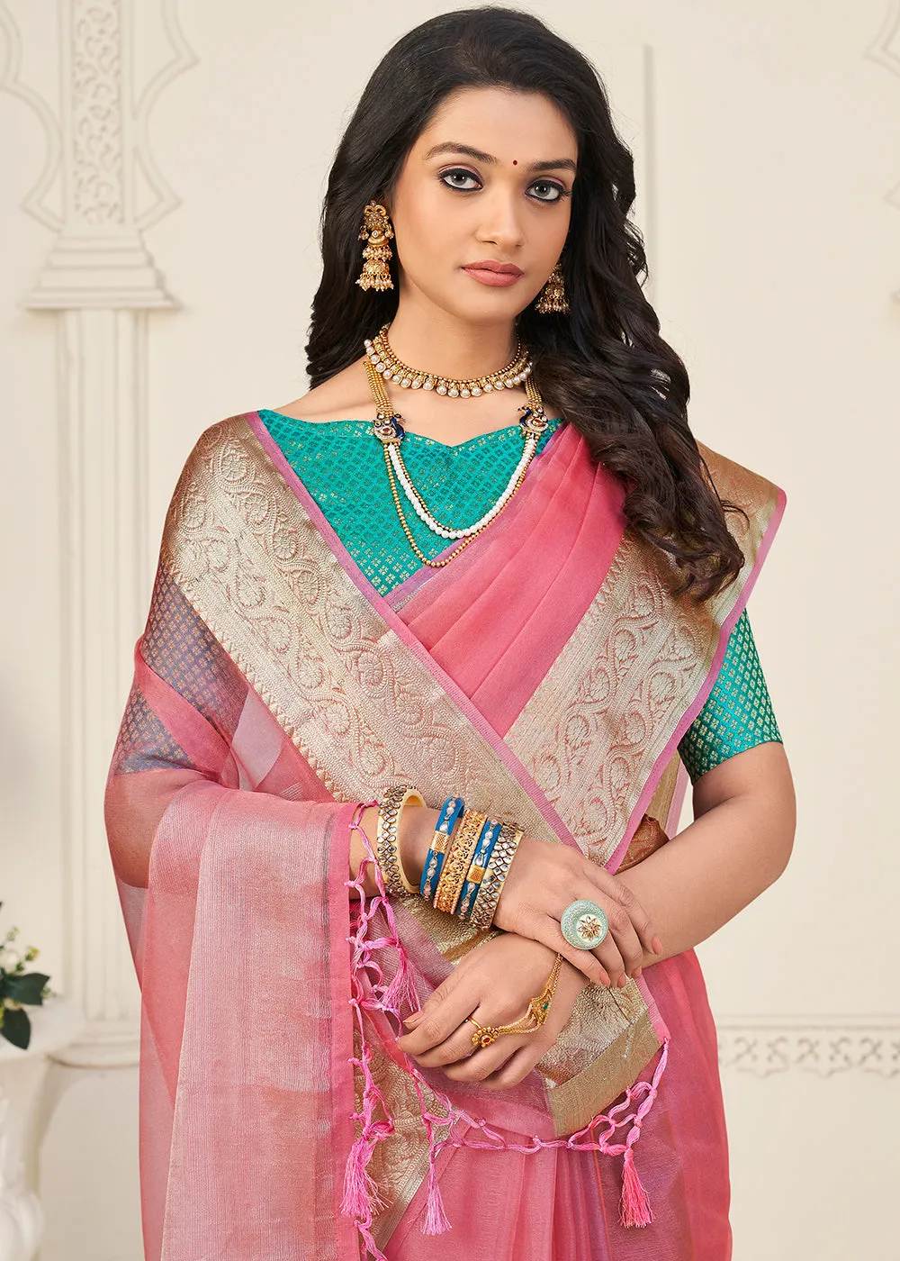 French Pink Designer Organza Silk Saree with Tassels On Pallu