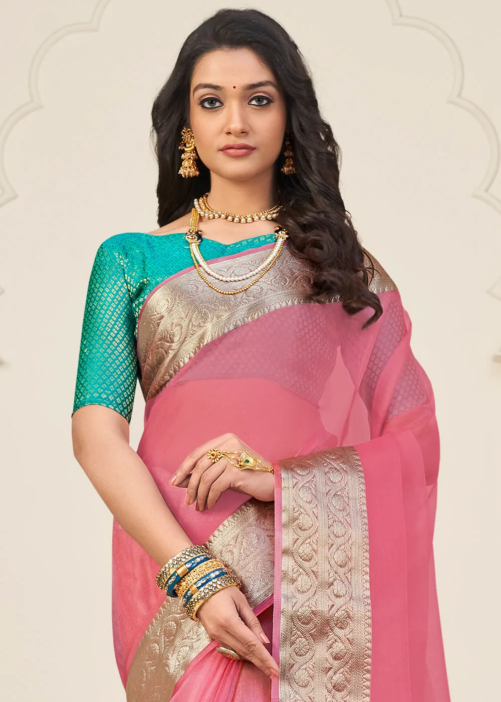 French Pink Designer Organza Silk Saree with Tassels On Pallu