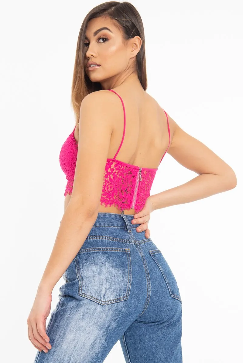 Fuchsia Lace Cami Strap Crop Top - Lesta