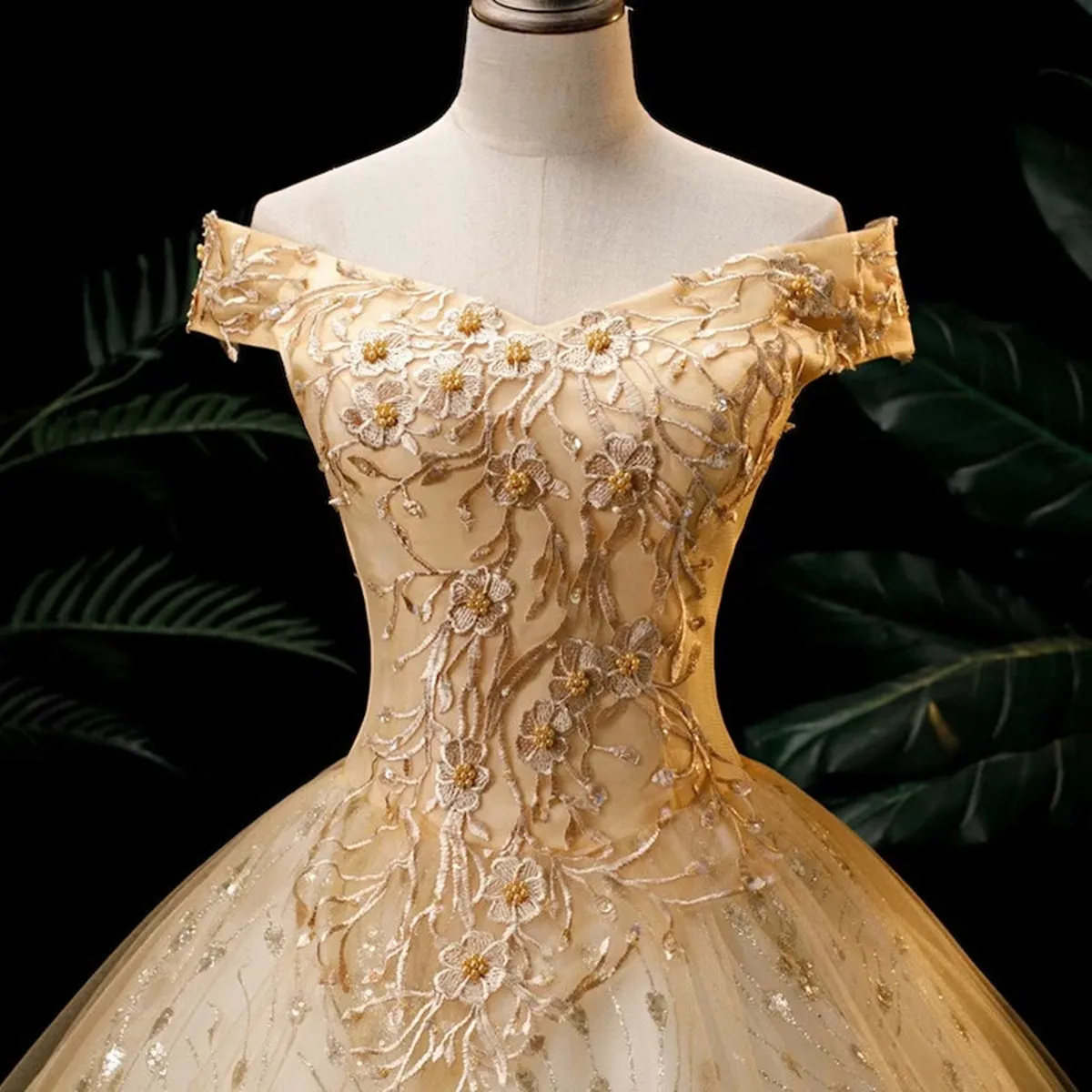 Gold Ball Gown Tulle with Lace Applique Formal Dress, Gold Sweet 16 Dress