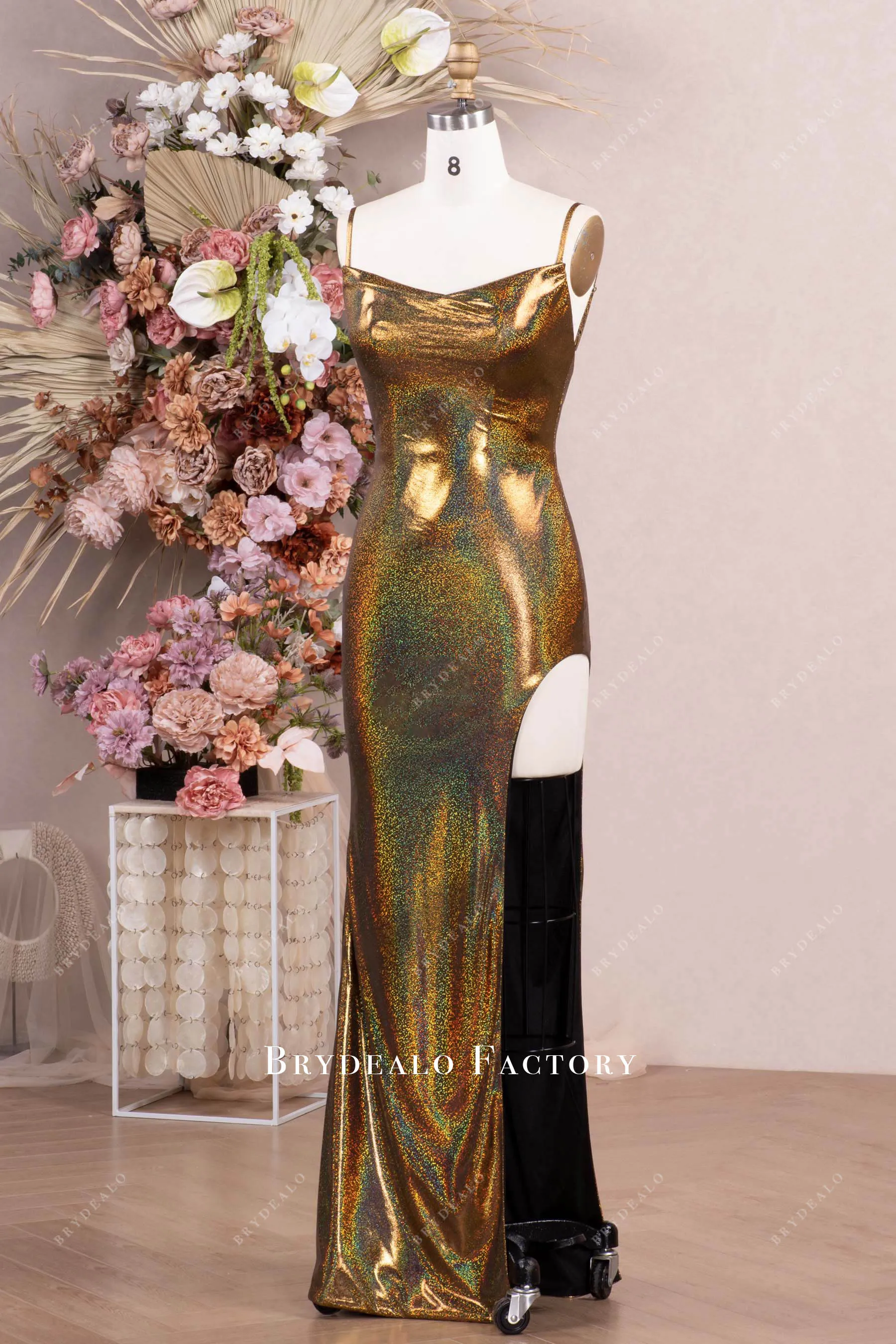 Gold Galaxy Cowl Neck High Slit Prom Evening Dress