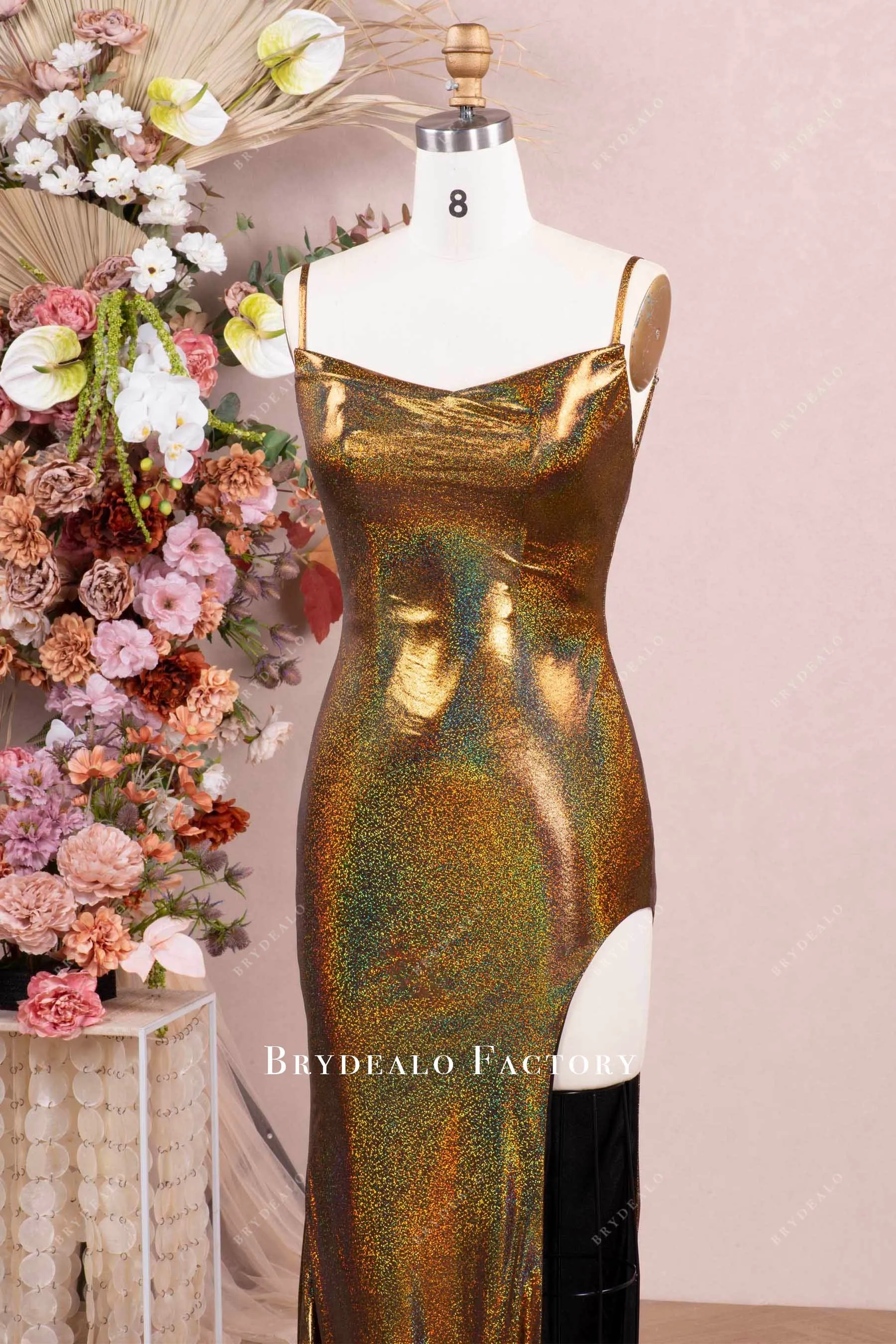 Gold Galaxy Cowl Neck High Slit Prom Evening Dress