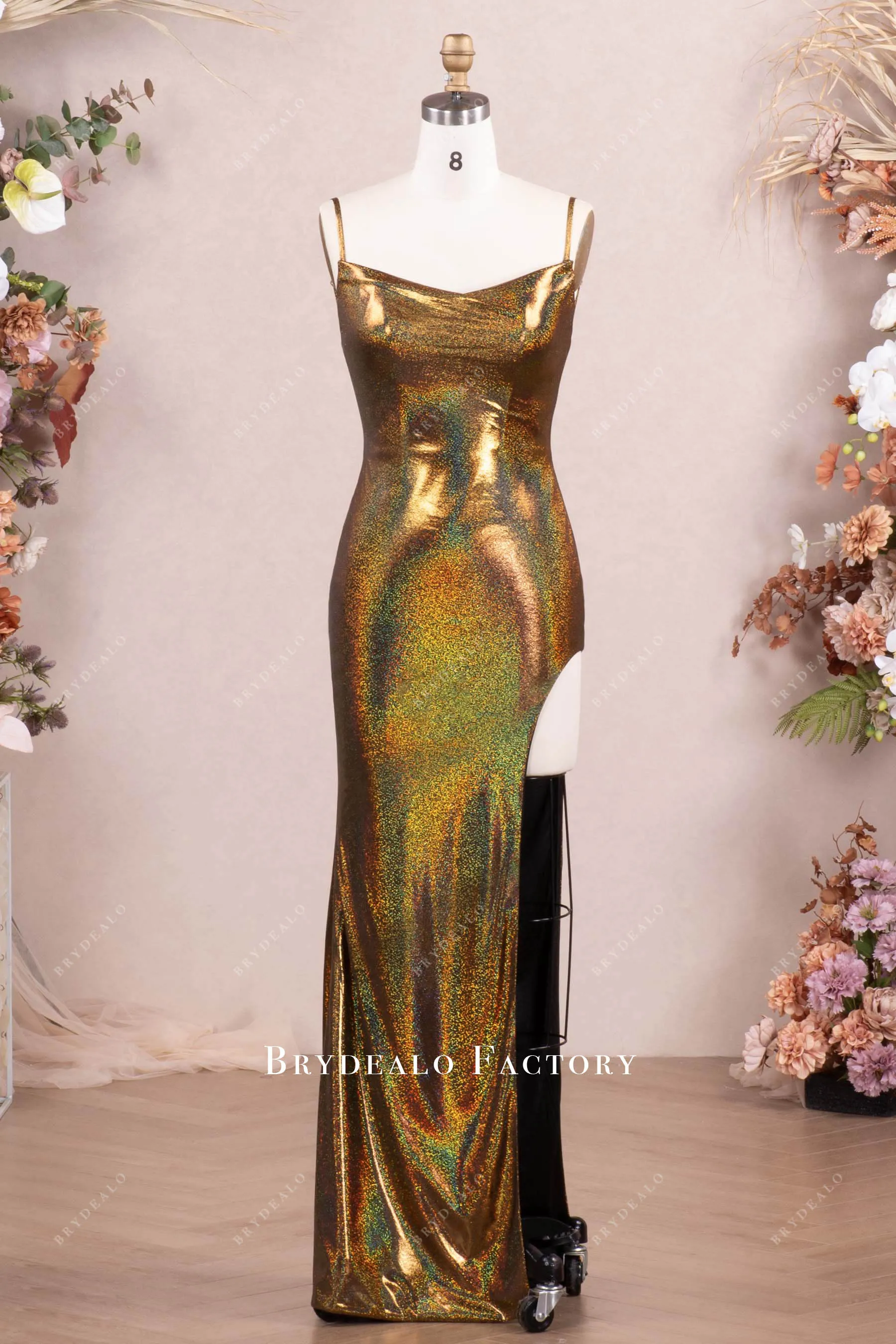 Gold Galaxy Cowl Neck High Slit Prom Evening Dress