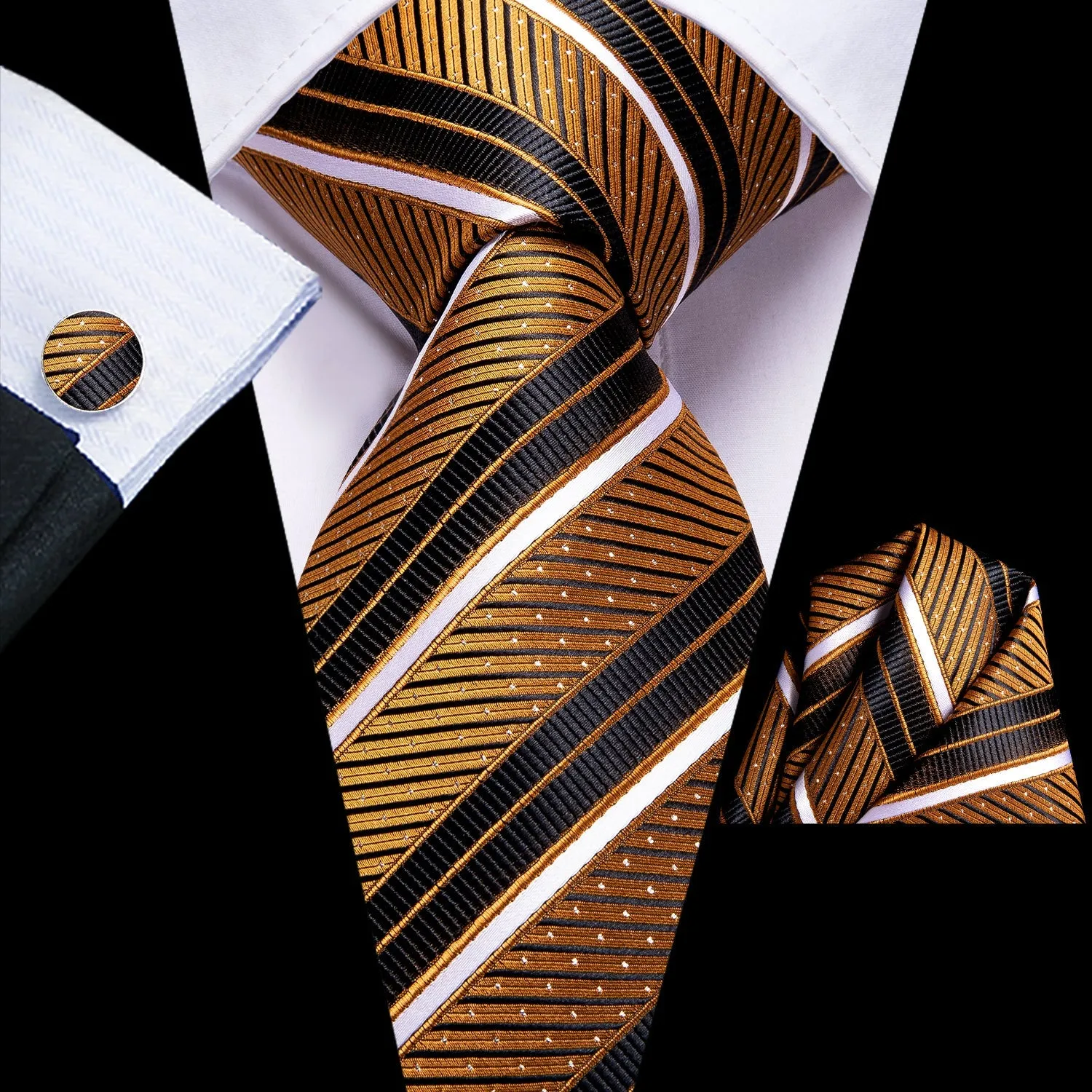 Golden Black Striped Tie Pocket Square Cufflinks Set with Wedding Brooch