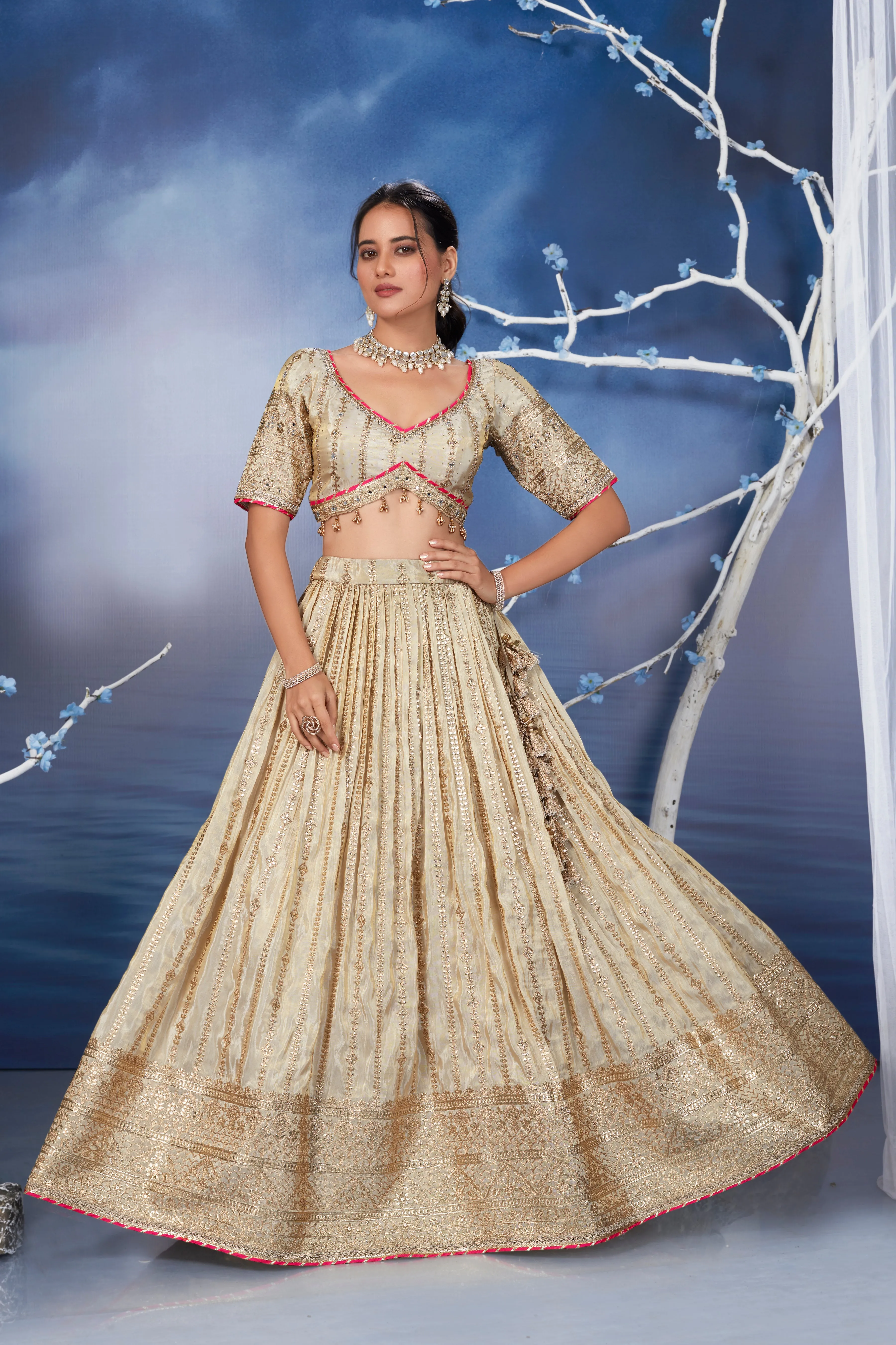 Golden Ivory Embellished Spanish Silk Lehenga Set