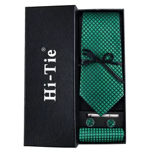 Green Plaid Tie Pocket Square Cufflinks Set Gift Box Set