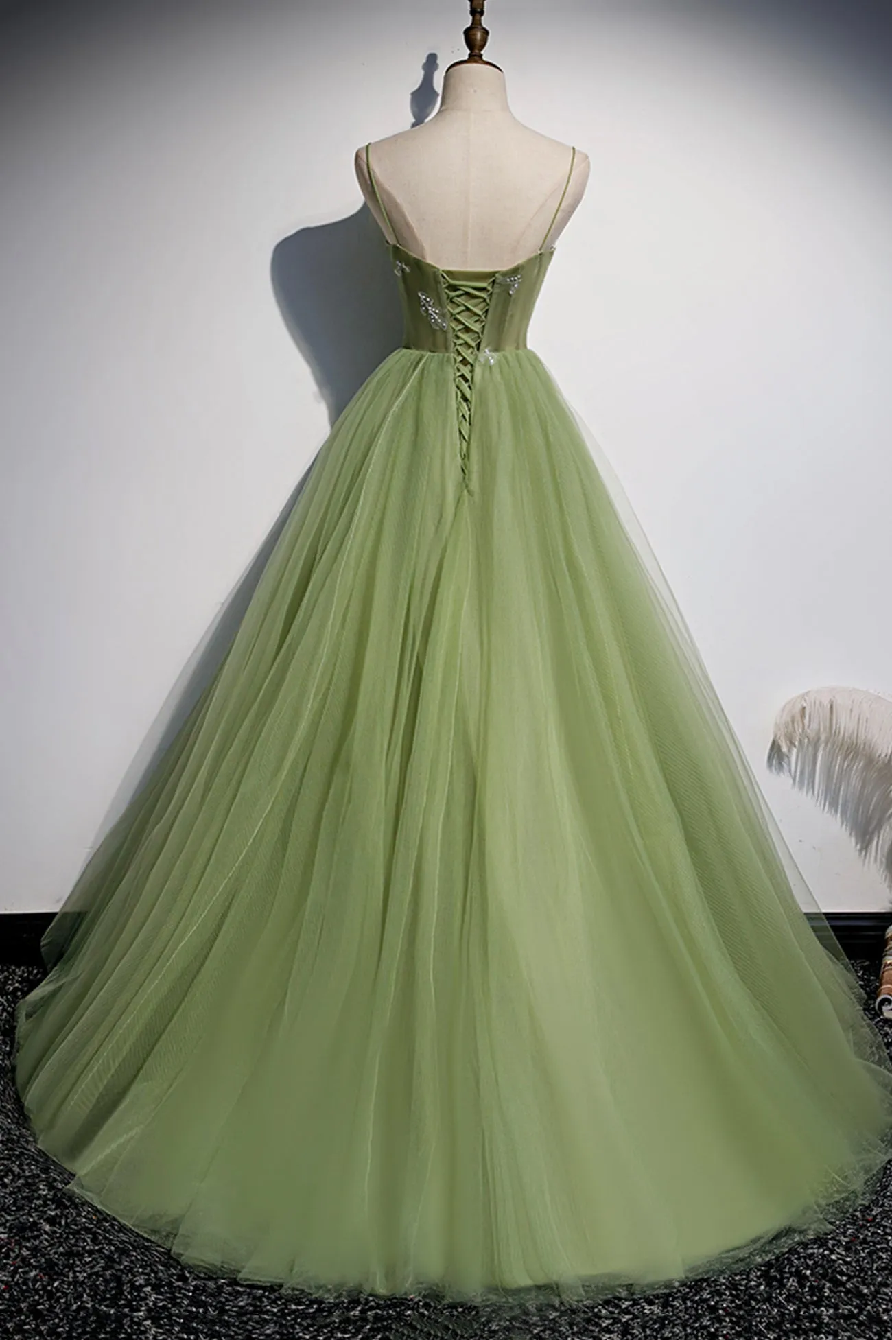 Green Scoop Tulle Floor Length Prom Dress, A-Line Green Formal Dress