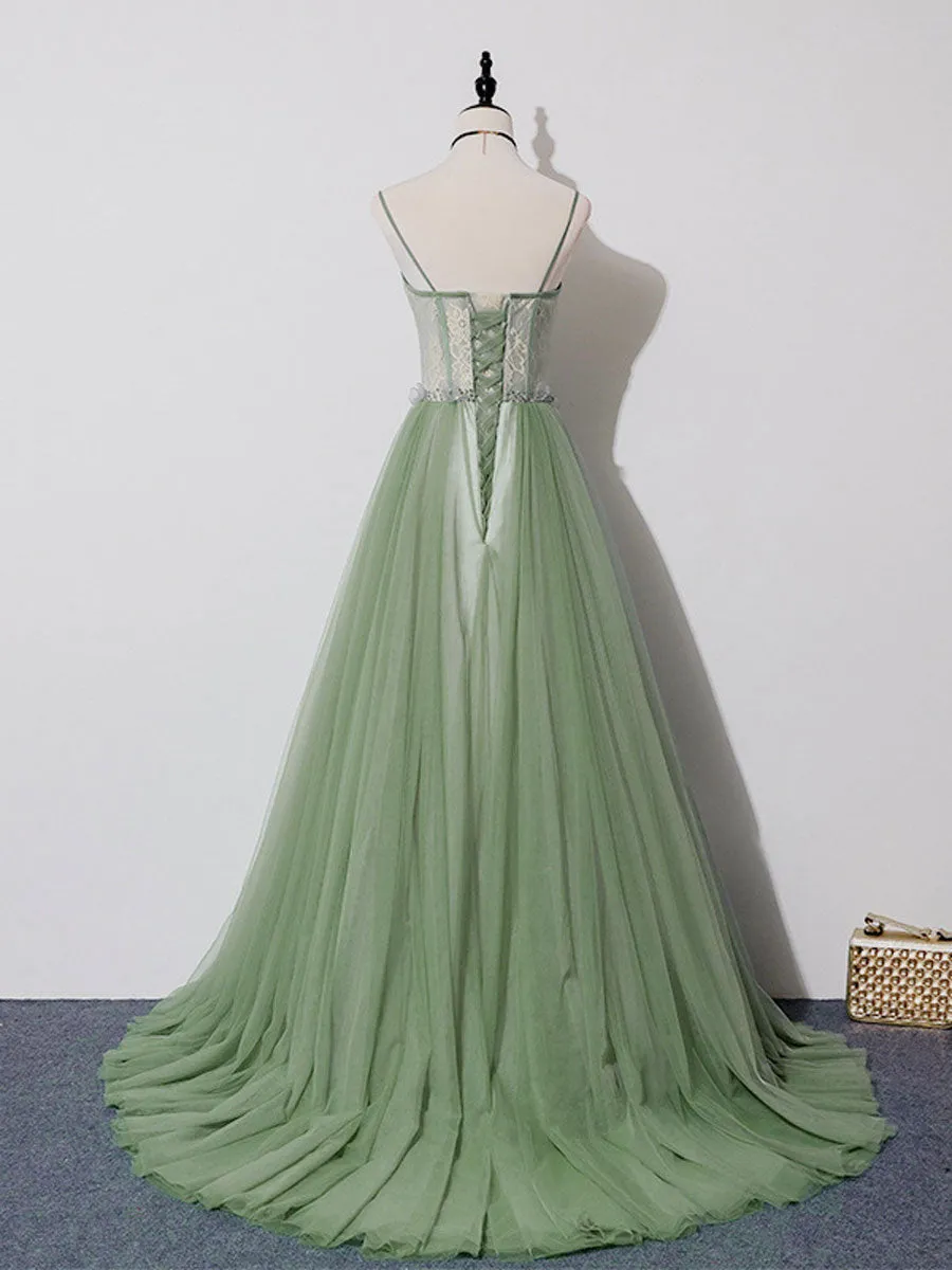 Green Tulle Lace Long Prom Dress Green Tulle Long Formal Graduation Dress