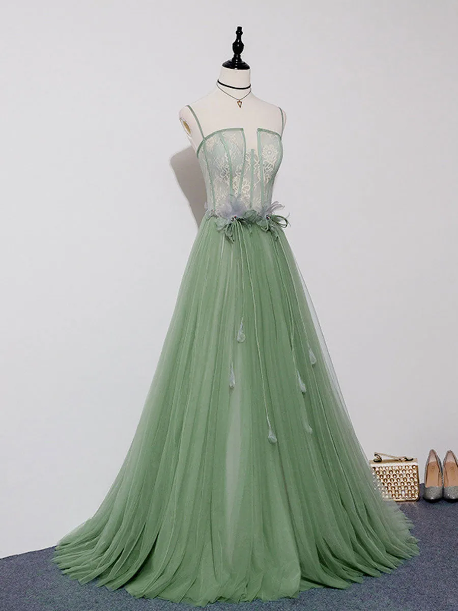 Green Tulle Lace Long Prom Dress Green Tulle Long Formal Graduation Dress