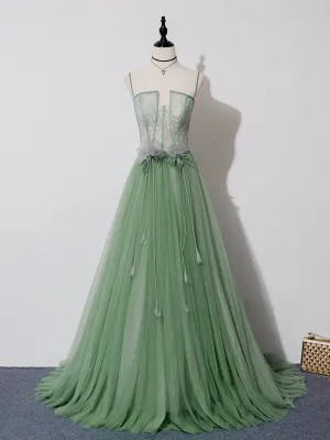 Green Tulle Lace Long Prom Dress Green Tulle Long Formal Graduation Dress