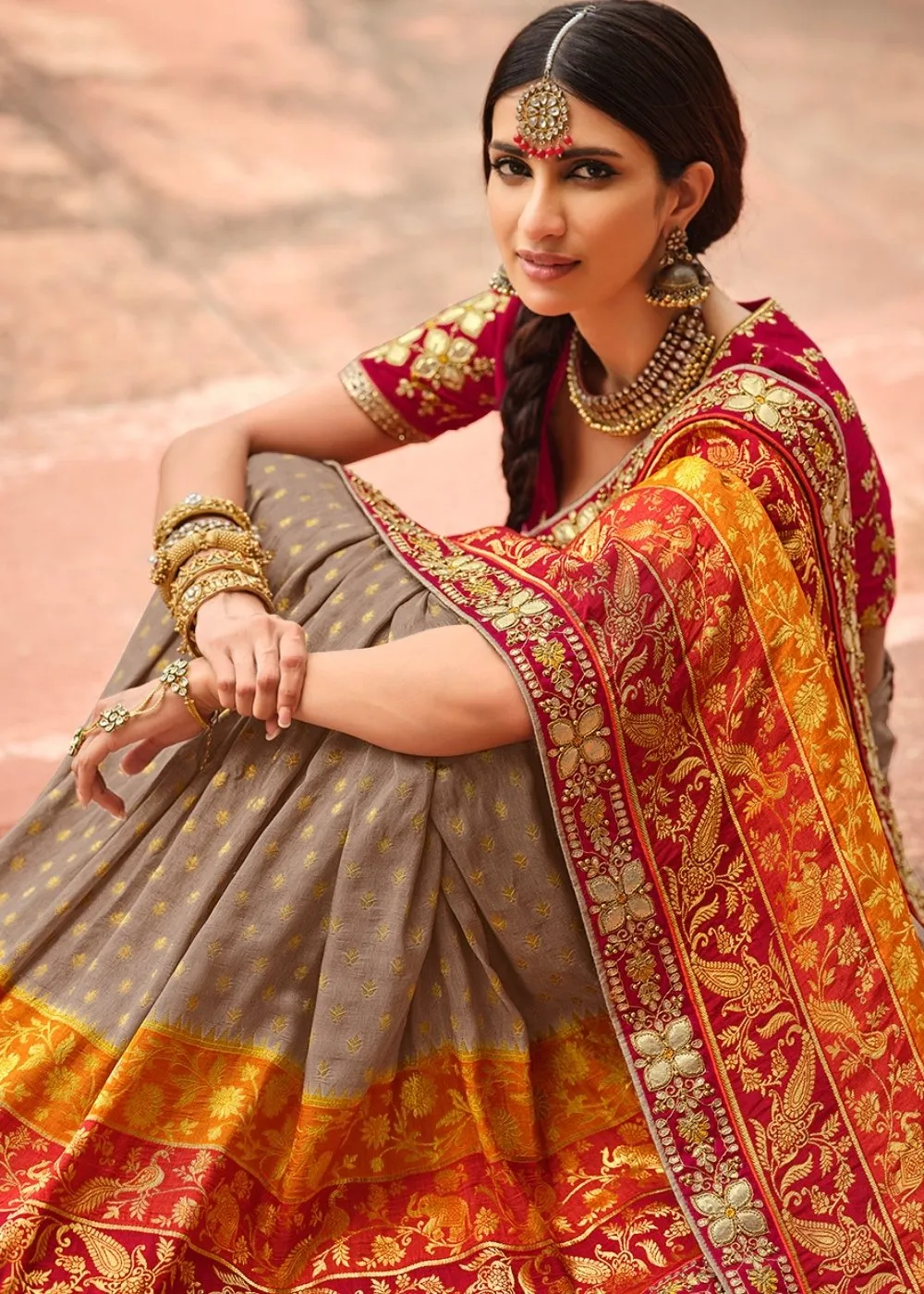 Grey & Orange Woven Dola Silk Saree Having Khatli work on Border & Blouse