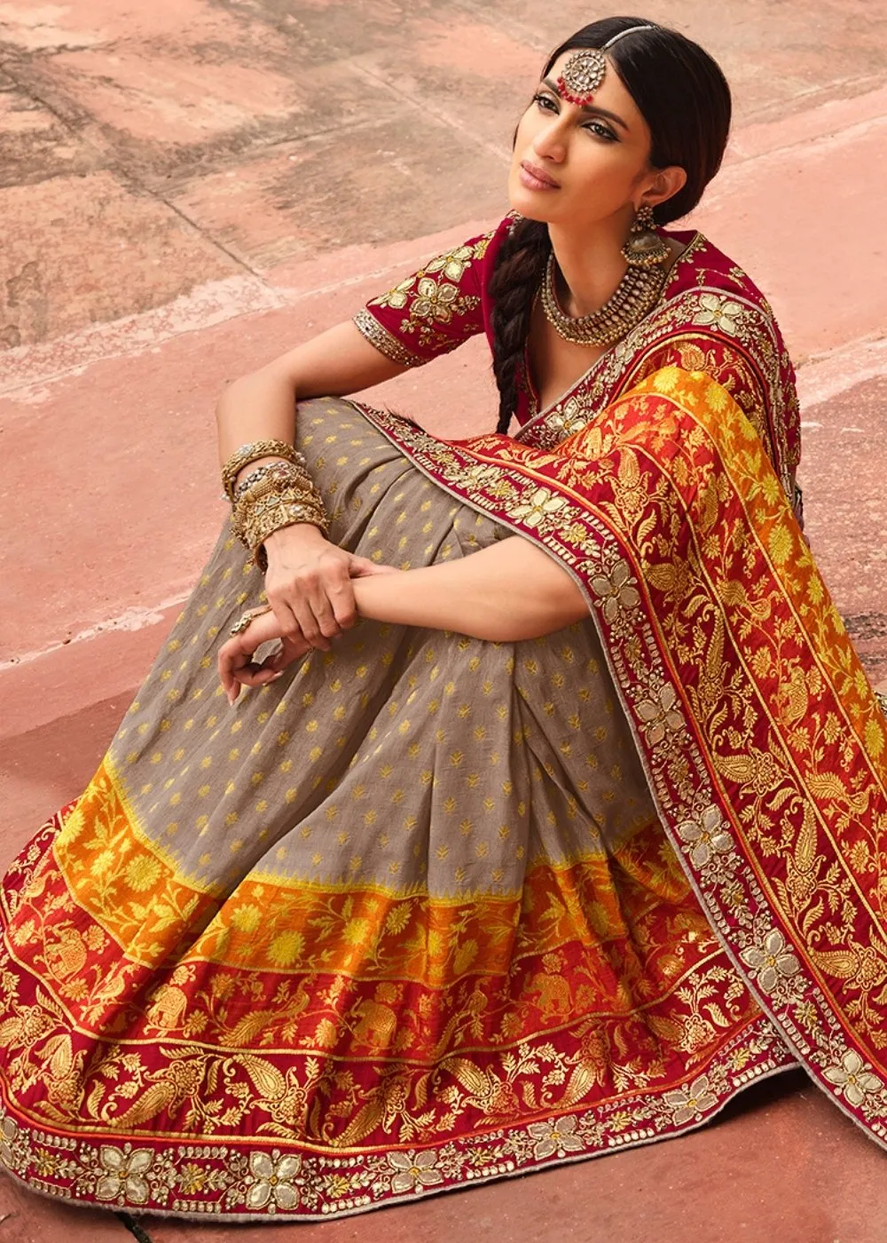 Grey & Orange Woven Dola Silk Saree Having Khatli work on Border & Blouse