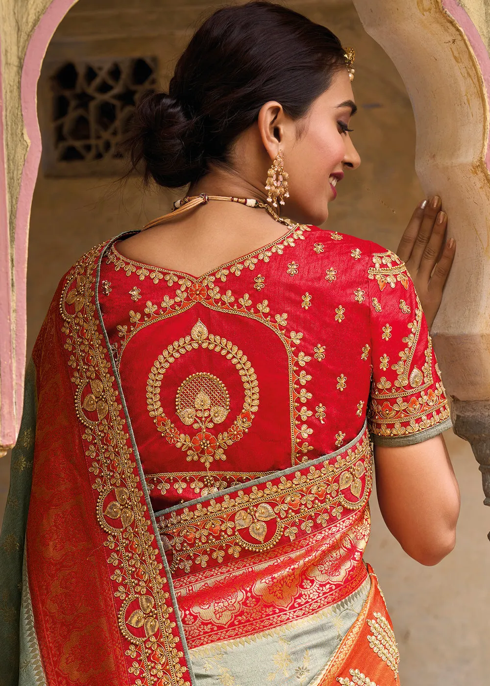 Grey & Red Dola Silk Saree with Beautiful Embroidery work: Wedding Edition