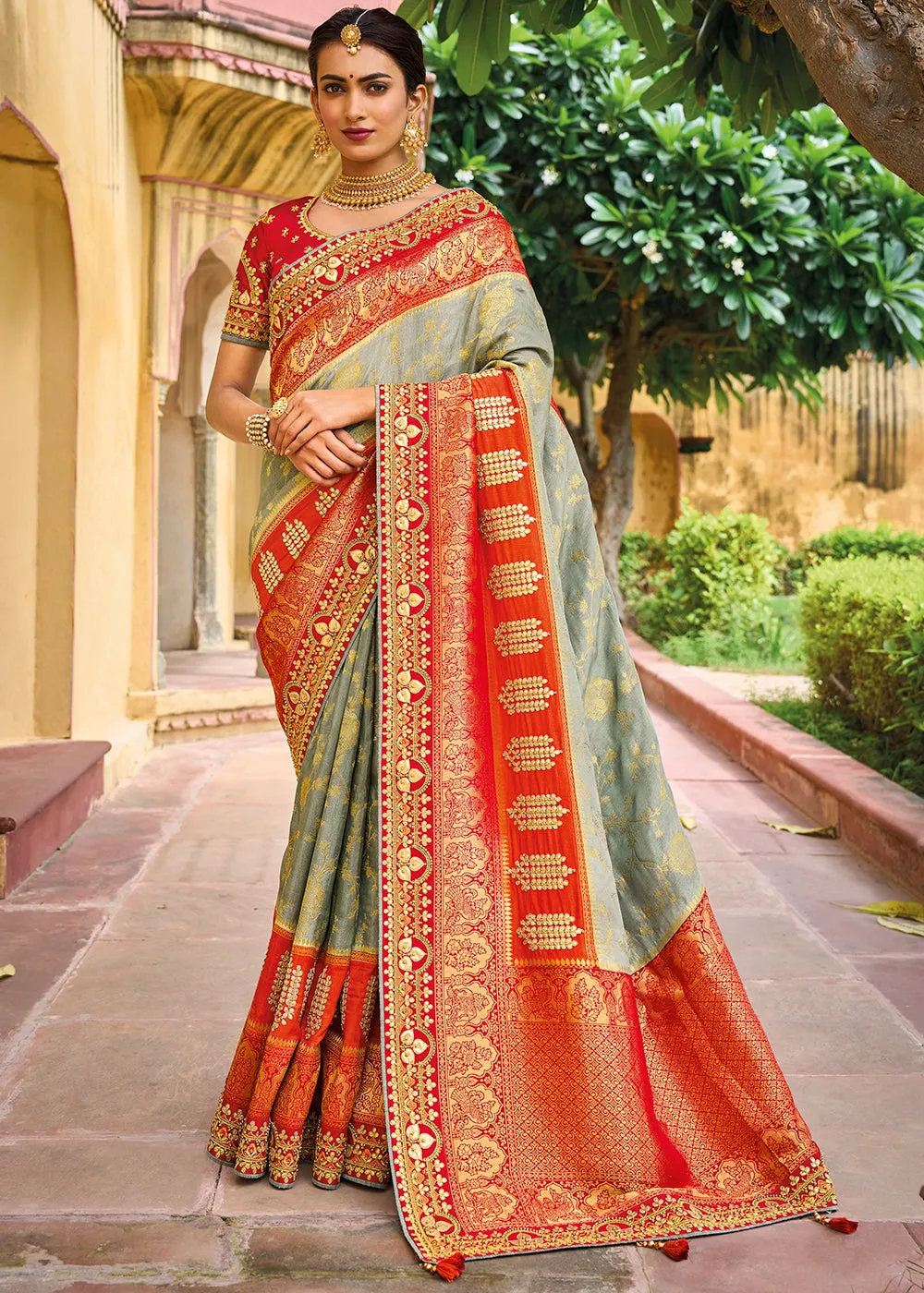 Grey & Red Dola Silk Saree with Beautiful Embroidery work: Wedding Edition