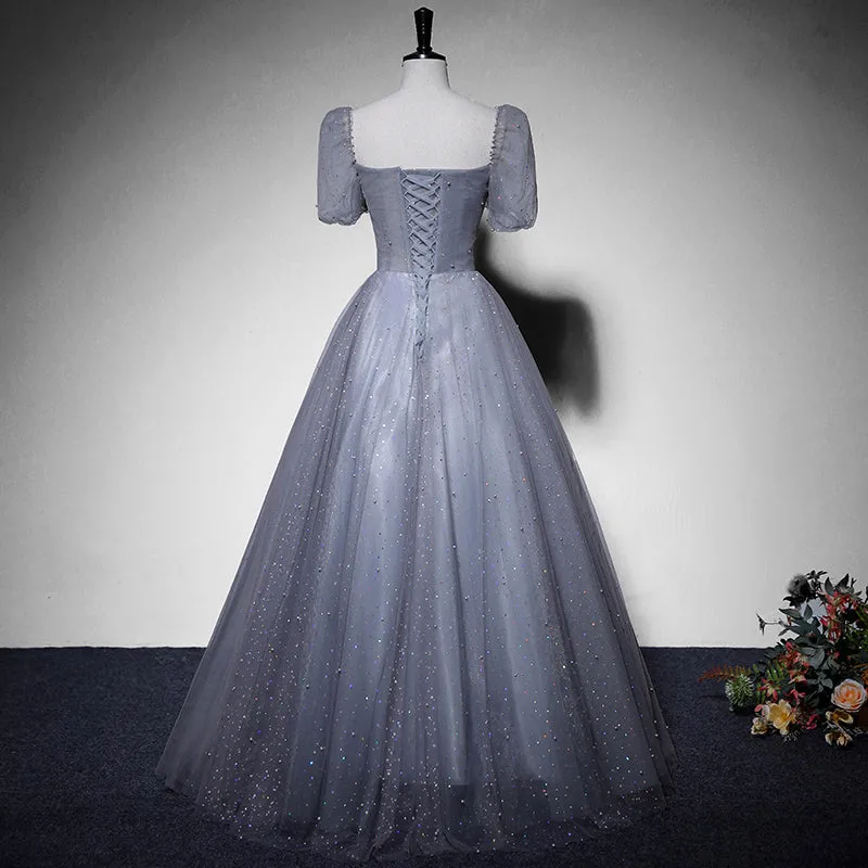 Grey Beaded Tulle Long Formal Dress Party Dress, Grey Evening Gown Formal Dress