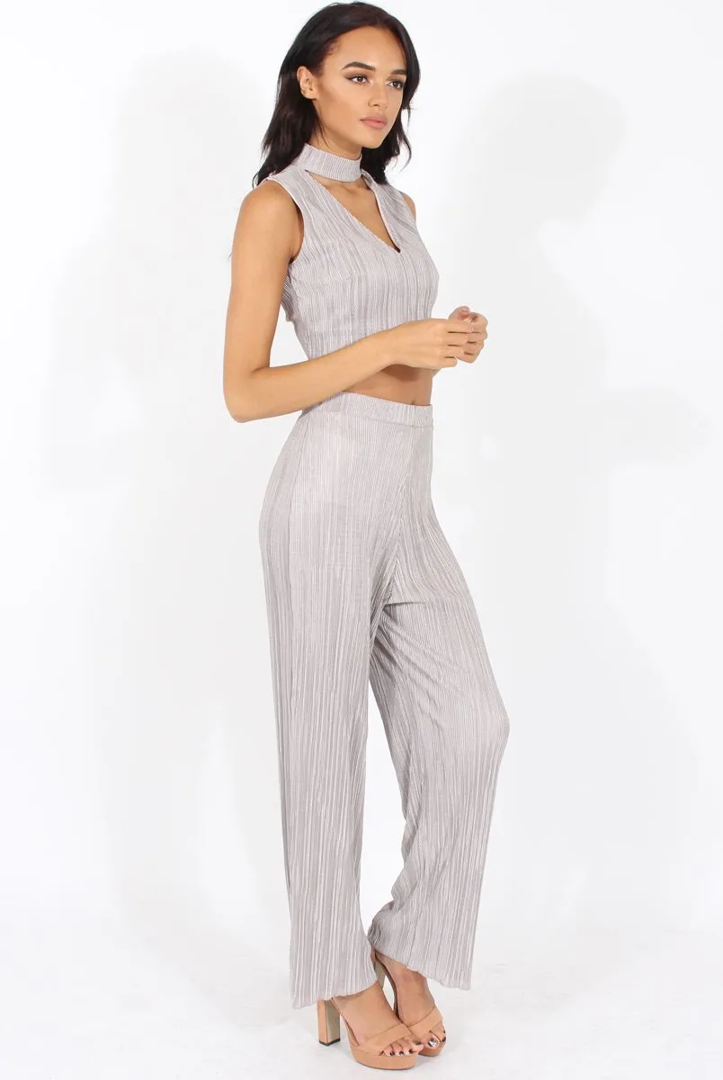 Grey Metallic Pleated High Waisted Trousers - Phoebe