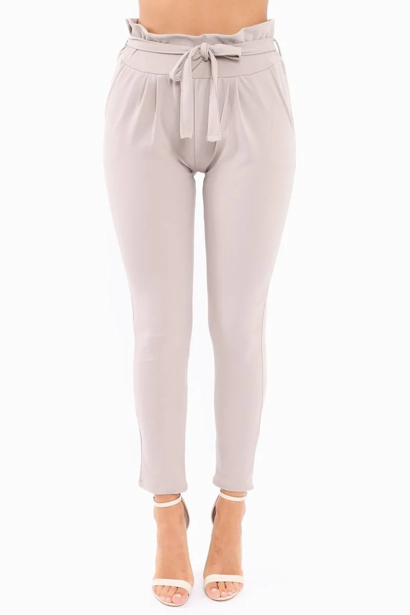 Grey Paper Bag Tie Waist Cigarette Trousers - Karmen