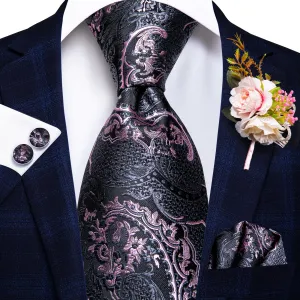 Grey Pink Paisley Tie Handkerchief Cufflinks Set with Wedding Brooch