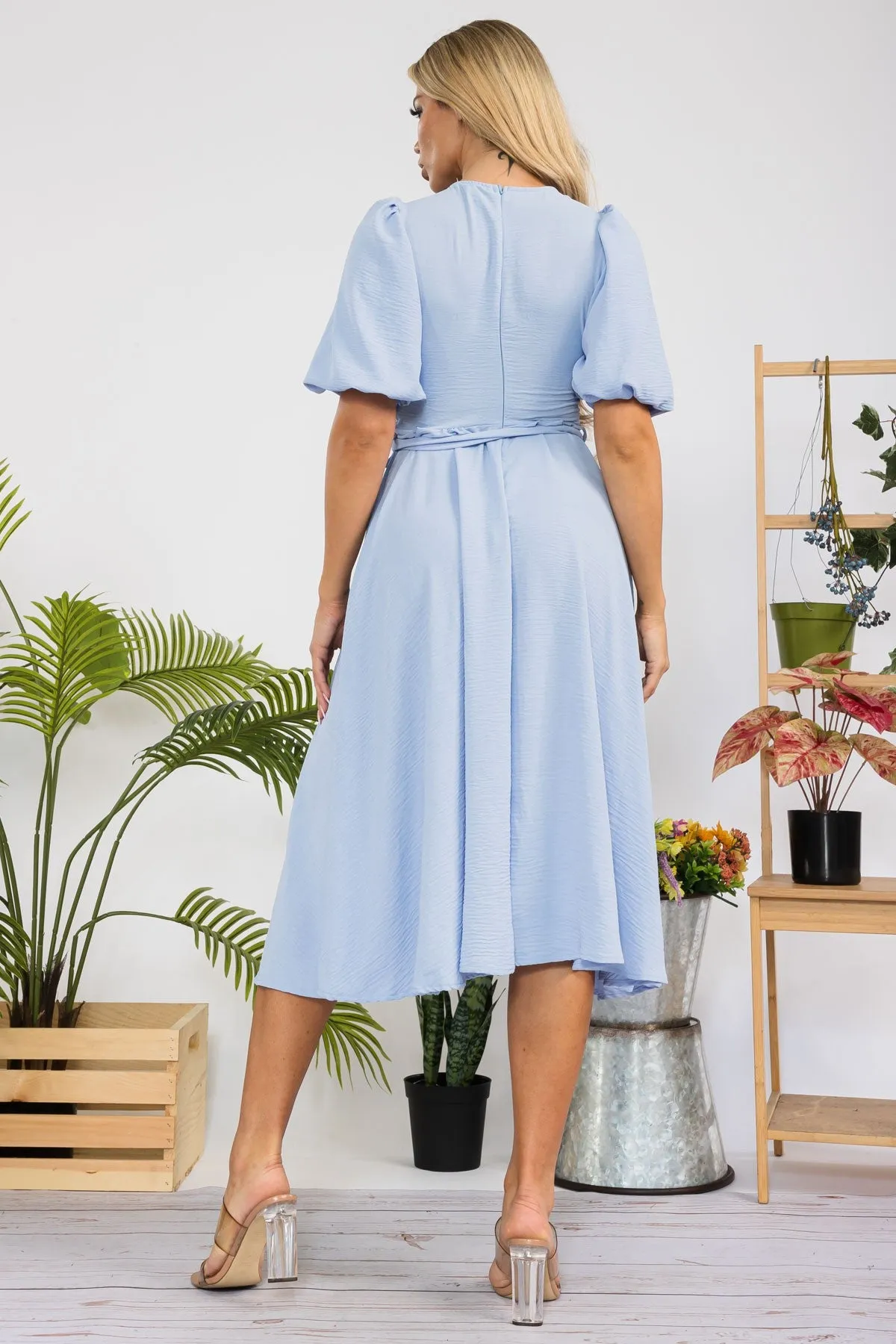 HH680X-SOLID - PRINCESS SLEEVE BELTED MIDI DRESS