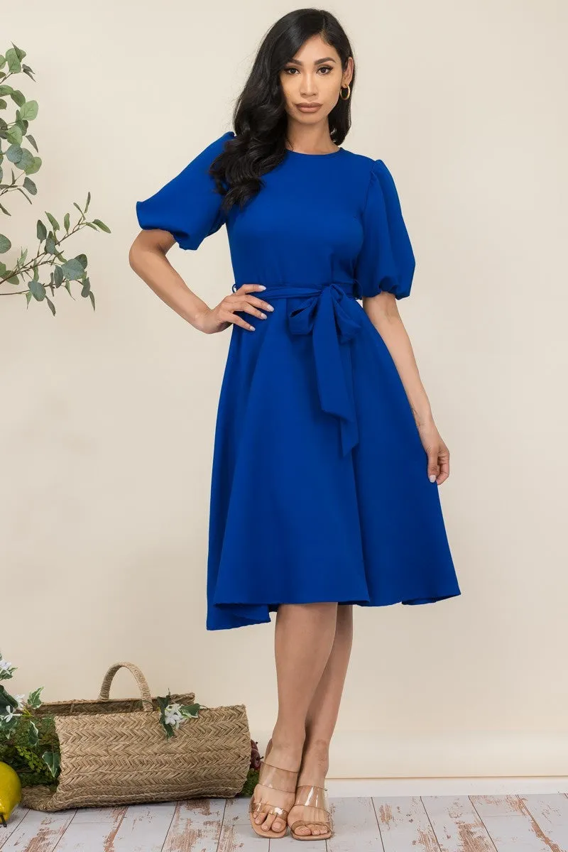 HH680X-SOLID - PRINCESS SLEEVE BELTED MIDI DRESS