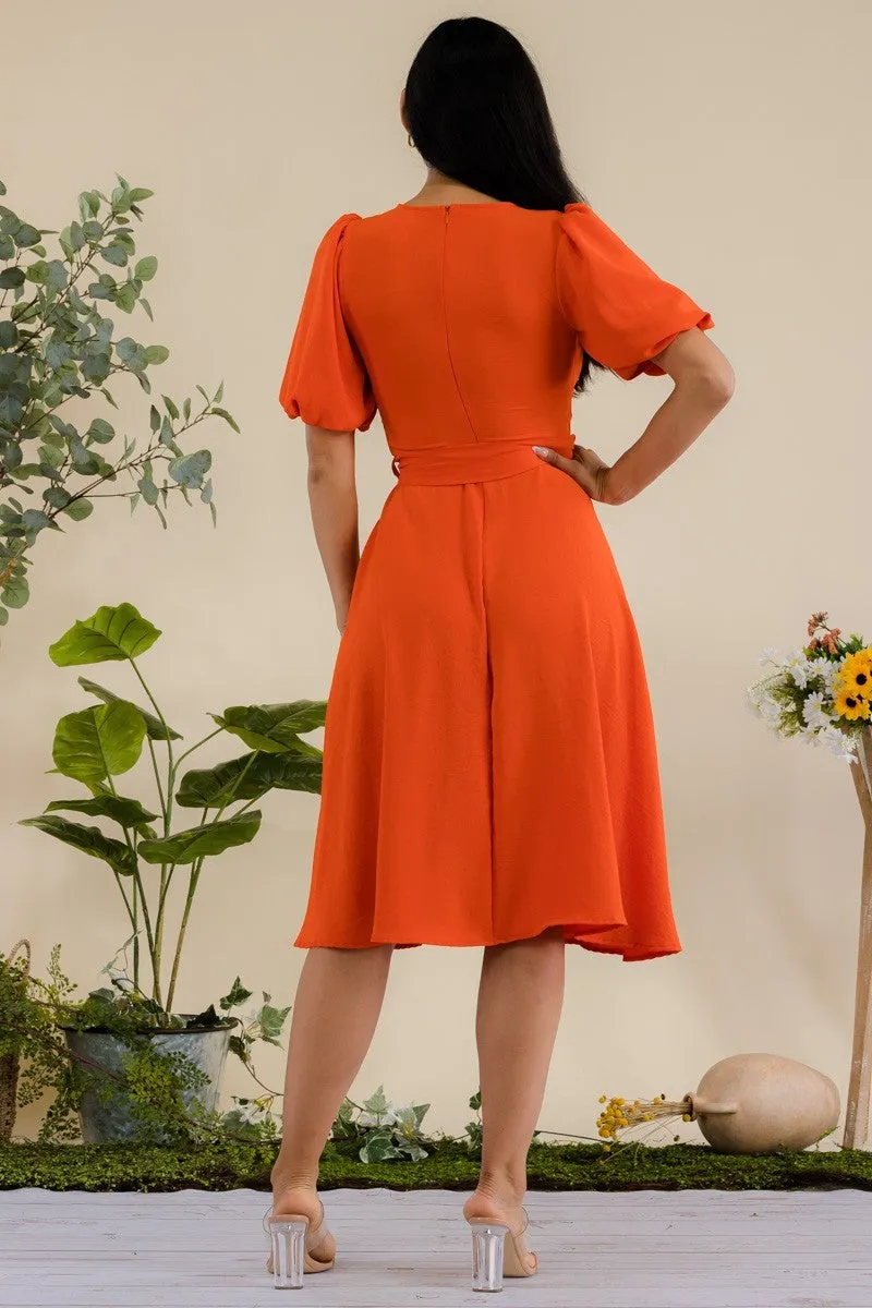 HH680X-SOLID - PRINCESS SLEEVE BELTED MIDI DRESS