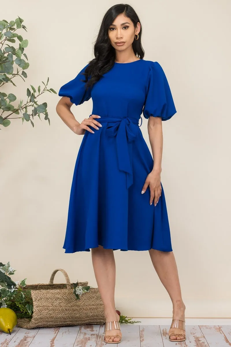 HH680X-SOLID - PRINCESS SLEEVE BELTED MIDI DRESS