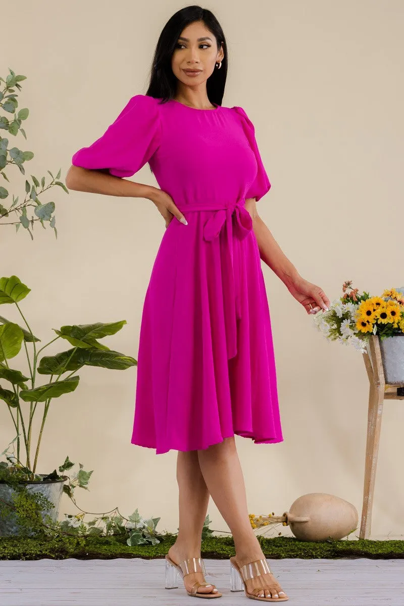 HH680X-SOLID - PRINCESS SLEEVE BELTED MIDI DRESS