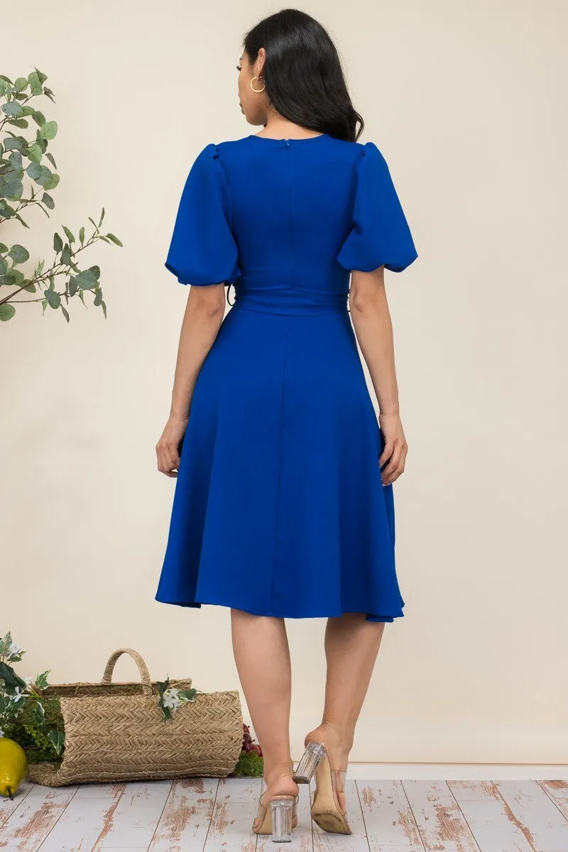 HH680X-SOLID - PRINCESS SLEEVE BELTED MIDI DRESS