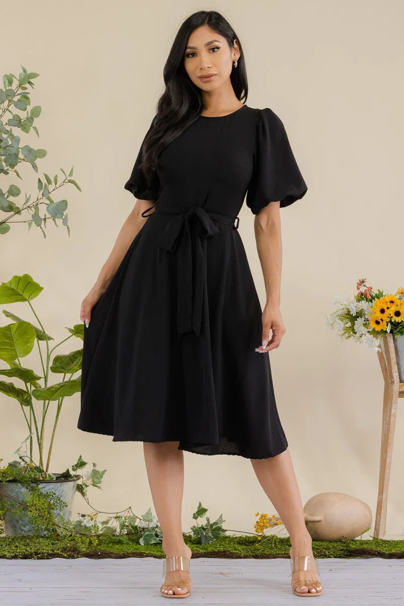 HH680X-SOLID - PRINCESS SLEEVE BELTED MIDI DRESS