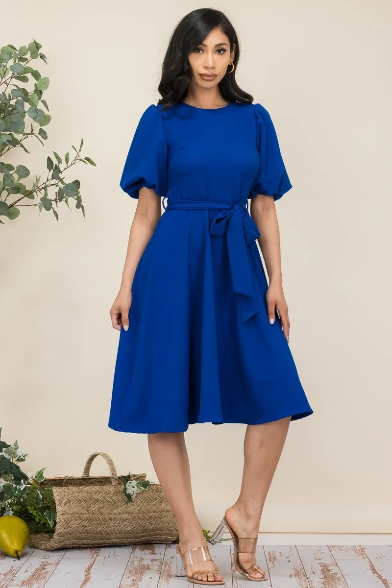 HH680X-SOLID - PRINCESS SLEEVE BELTED MIDI DRESS