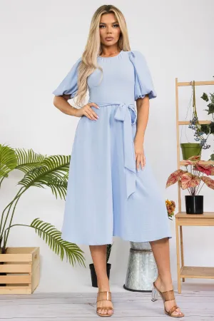 HH680X-SOLID - PRINCESS SLEEVE BELTED MIDI DRESS